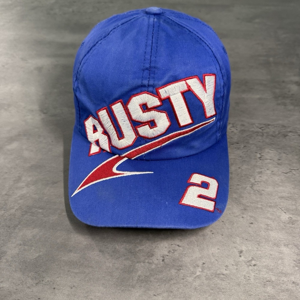 Vintage Rusty Wallace Snapback Hat‎ Blue White Red Embroidered Trucker Big Logo